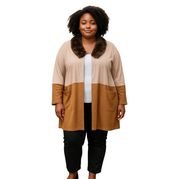 LOGO LOUNGE by Lori Goldstein Cardigan Sweater Faux Fur Detachable Collar 1X - Picture 1 of 5